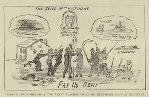 Reduzierte Faksimile eines "No Rent"-Plakats am Kapellentor in Kilfinane (Stich) von English School