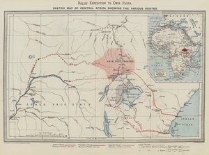 Rettungsexpedition zu Emin Pascha, Skizzenkarte von Zentralafrika mit den verschiedenen Routen (Farblithographie)