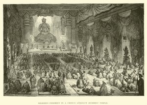 Religiöse Zeremonie in einem chinesischen Lamasery, buddhistischer Tempel von English School
