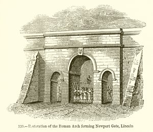 Restaurierung des römischen Bogens, der das Newport-Tor in Lincoln bildet von English School