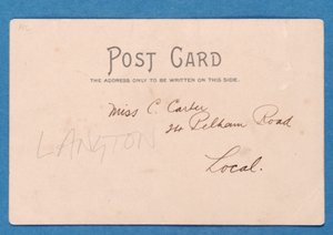 Rückseite der Postkarte J.E. Doig (Sunderland) rettet ein Tor von English School