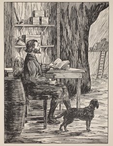 Robinson Crusoe in seiner Höhle, Illustration aus Die Geschichte von Robinson Crusoe: Eine Adaption für Kinder nach Defoes Sprache, veröffentlicht von Griffith Farran Browne & Co. Limited, London von English School