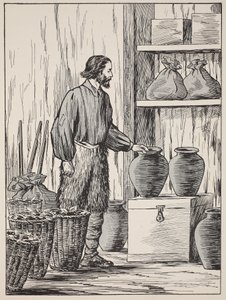 Robinson Crusoe in seinem Lagerraum, Illustration aus Die Geschichte von Robinson Crusoe: Eine Adaption für Kinder nach Defoes Sprache, veröffentlicht von Griffith Farran Browne & Co. Limited, London
