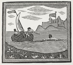 Robinson und Xury entkommen den Mauren, Illustration aus Chap-books des achtzehnten Jahrhunderts von John Ashton, veröffentlicht 1882