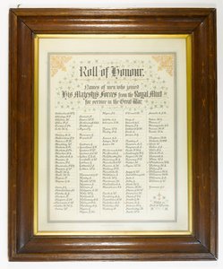 Ehrenrolle, Männer der Royal Mint, die während des Ersten Weltkriegs den Streitkräften beitraten, ca. 1918 (Feder & Tinte auf Papier in Holzrahmen) von English School