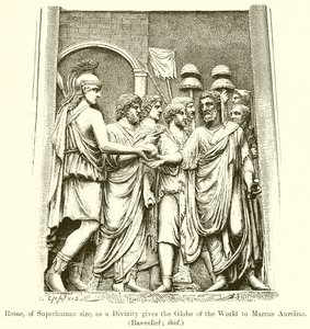 Rom, von übermenschlicher Größe, als Göttin übergibt die Weltkugel an Marcus Aurelius (Basrelief; ebenda) von English School