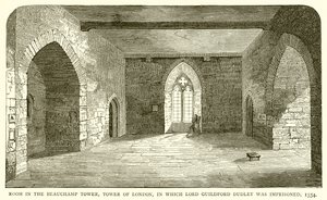 Zimmer im Beauchamp Tower, Tower of London, in dem Lord Guildford Dudley eingesperrt war, 1554