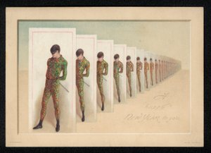 Reihe von Karten mit einem Bild eines maskierten Mannes, Neujahrskarte (Chromolitho) von English School