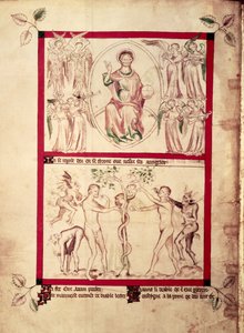 Gott in einer Mandorla umgeben von musizierenden Engeln, Versuchung Evas, aus dem Queen Mary Psalter, ca. 1310-20