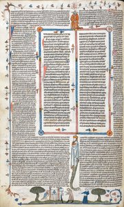 Text und Bas-de-page-Szene eines Mannes und einer Frau vor einem Gebäude, aus 