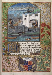 Der Tower of London, mit der London Bridge im Hintergrund. Charles, Herzog von Orleans, beim Schreiben, stehend an einem Fenster und einen Brief im Hof versendend