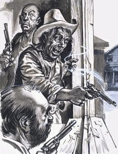 Raufbold-Cowboys schießen aus dem Fenster von English School
