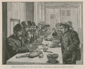 Russische Flüchtlinge im vorübergehenden Schutzraum für arme Juden, Leman Street, London von English School