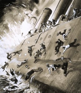 Matrosen fliehen von der HMS Natal, die 1915 im Cromerty Firth Feuer fing von English School