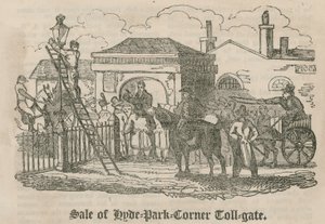 Verkauf des Mauttors (Hyde Park Turnpike), Hyde Park Corner, London von English School