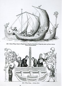 Sächsisches Schiff, aus einem Stich in Strutts Chronicle of England und einer Weinpresse