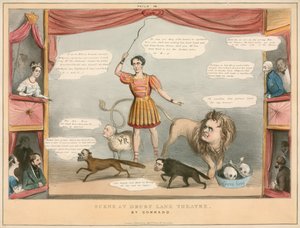Szene aus dem Drury Lane Theatre, London; Karikatur von English School