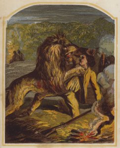 Schottischer Missionar David Livingstone von einem Löwen in Afrika angegriffen (Chromolithografie) von English School
