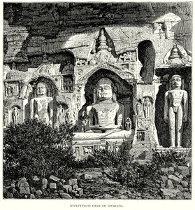 Skulpturierte Höhle in Gwalior (Gravur) von English School