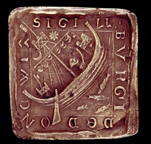 Siegel der Stadt Dunwich in Suffolk. Ein Schiff ist in einem stürmischen Meer dargestellt, wahrscheinlich ein Hinweis auf die Stürme, die Teile der Stadt 1286 und 1347 zerstörten. 14. Jahrhundert. Paris, Nationalarchiv