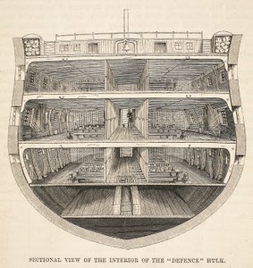 Querschnitt des Inneren der Defence-Hulk, Illustration aus The Criminal Prisons of London and Scenes from Prison Life von Henry Mayhew und John Binny, veröffentlicht 1862