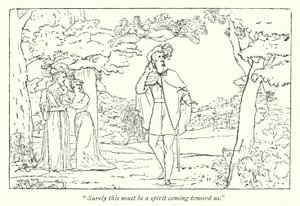 Shakespeares Der Sturm; Ferdinand wird von Ariels Lied geführt (Gravur)