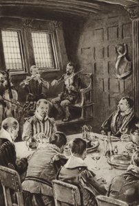 Sir Francis Drake, speist auf der Golden Hind zum Klang von Geigen von English School