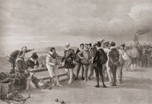 Sir Francis Drake spielt Bowls, mit der spanischen Armada in Sichtweite in Plymouth Hoe, England, 1588 von English School
