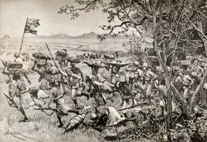 Sir Henry Morton Stanley und seine Männer tauchen 1887 während ihrer Emin-Pascha-Entlastungsexpedition in Afrika endlich aus dem Wald auf die Graslandschaft auf