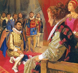 Sir Walter Raleigh vor Königin Elisabeth