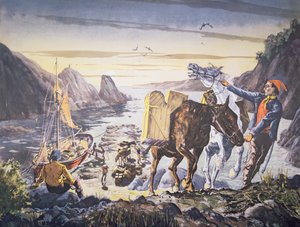 Schmuggler beladen ihre Ponys mit Schmuggelware für die Reise ins Landesinnere (Lithografie)