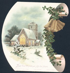Schneelandschaft und Kirche, Weihnachtskarte