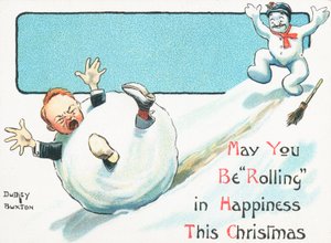 Schneemann schiebt Jungen in Schneeball den Hügel hinunter, Weihnachtskarte