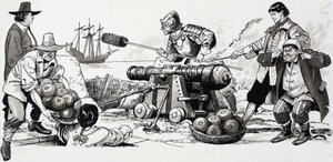 Soldaten feuern eine Kanone ab von English School