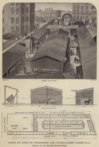 Ställe und Läden für Straßenhändler, nahe dem Columbia Market, Hackney Road, errichtet für die Baronin Burdett-Coutts (Stich) von English School