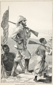 Stanley nähert sich dem Tanganjikasee, Illustration aus der Bildausgabe des Lebens und der Entdeckungen von David Livingstone von J. Ewing Richie, veröffentlicht von A. Fullarton & Co., 1876