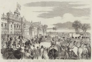 Staatliche Eröffnung der Großen Ausstellung, Ihre Majestät verlässt den Buckingham Palace (Stich) von English School