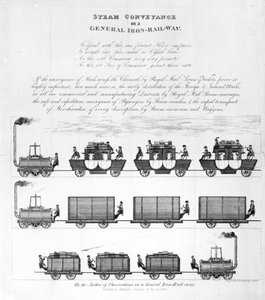 Dampftransport auf einer allgemeinen Eisenbahn, 1825 (Gravur)
