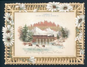 Dampflok überquert Brücke, Weihnachtskarte