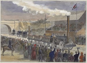 Stephensons Rocket kommt 1829 beim Wettbewerb der Lokomotiven in Rainhill als Erster ins Ziel von English School