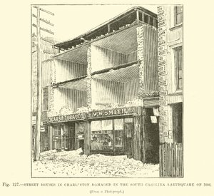 Straßenhäuser in Charleston, beschädigt im Erdbeben von South Carolina 1886