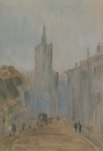 Straße mit Kirche und Figuren, zuvor J.M.W. Turner (1775-1851) und auch Peter de Wint (1784-1849) zugeschrieben, 1822-25 von English School
