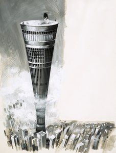 Superstädte im Himmel. Futuristischer Wolkenkratzer von English School