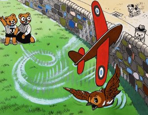 Teddybär fliegt Spielzeugflugzeug von English School