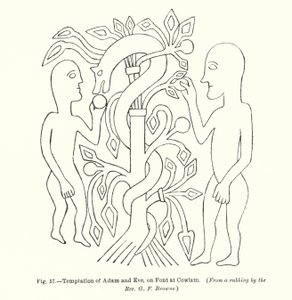 Versuchung von Adam und Eva, auf dem Taufbecken in Cowlam