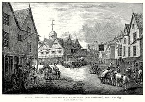 Tetbury Marktplatz, mit dem alten Markthaus (jetzt zerstört), erbaut 1655 (Gravur) von English School