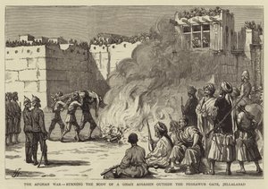 Der afghanische Krieg, Verbrennung des Körpers eines Ghazi-Attentäters außerhalb des Peshawur-Tors, Jellalabad (Stich) von English School