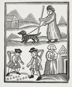 Der Bettler reist mit seinem Hund, bringt viel Reichtum nach Hause, mit dem er den Ritter übertrifft und seine Tochter zu ihrem Vergnügen heiratet, Illustration aus Chap-books des achtzehnten Jahrhunderts