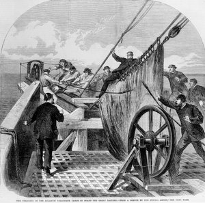 Das Brechen des Atlantischen Telegraphenkabels an Bord der Great Eastern, 1865 (Stich) von English School