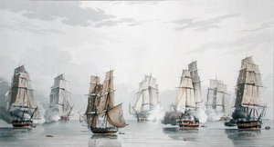 Das britische Geschwader unter dem Kommando von Kapitän Charles Marsh Schomberg und das französische Geschwader unter dem Kommando von Commodore Roquebert, in der Flaute kurz nach Beginn der Aktion vor Madagaskar, 20. Mai 1811